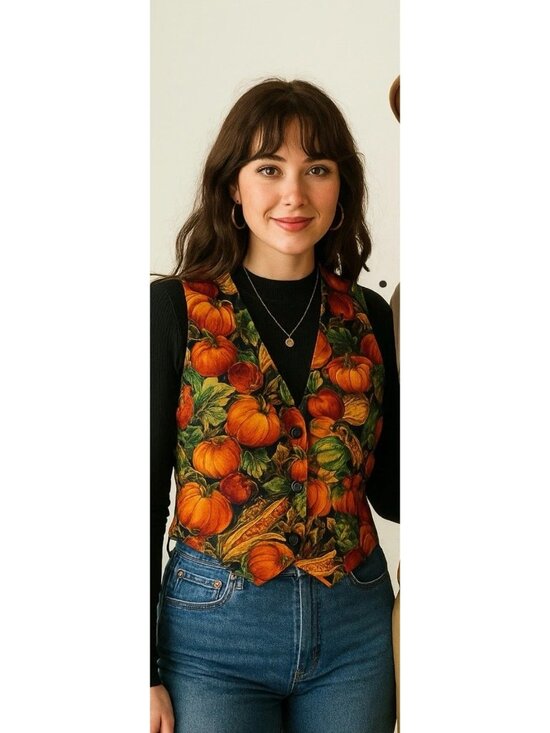 Handmade Jackets & Blazers - Quirky Grandma core Pumpkin Thanksgiving Harvest Vest Size Medium.  Bb